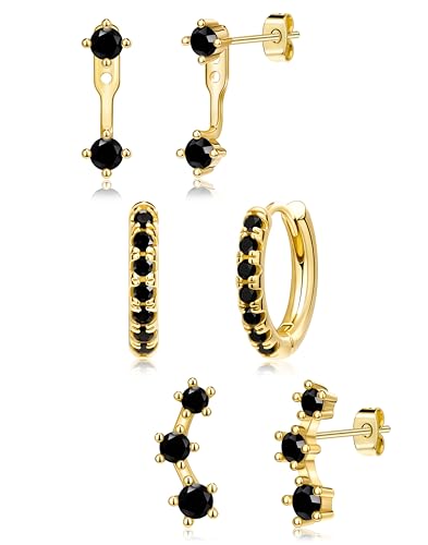 3 Pairs Dainty Small Earrings Set for Women Trendy, Birthstone Stud Huggie Hoop Jacket Stack for Cartilage Helix, Gold Plated Hypoallergenic Cute Women Fashion Accessories Western Jewelry Gifts - color: Black CZ (Gold)