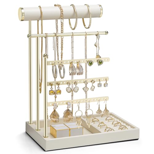 VLANDO Jewelry Stand Organizer with Ring Holder Tray, Necklace and Earring Storage for Bracelets, Watches and Rings, PU Leather Covered Wooden Tray with Gold Metal Frame - Beige - color: Cloud White
