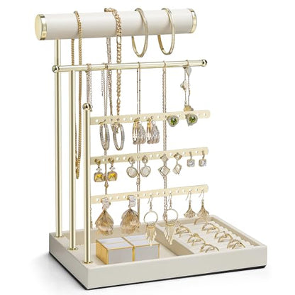 VLANDO Jewelry Stand Organizer with Ring Holder Tray, Necklace and Earring Storage for Bracelets, Watches and Rings, PU Leather Covered Wooden Tray with Gold Metal Frame - Beige - color: Cloud White