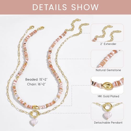 KissYan Beaded Necklaces for Women, Layered Pendant Choker for Summer | Stackable Colorful Natural Gemstone Handmade Beach Charm Chain Valentine's Jewelry Gifts For Girlfriend Wife Lover - style: Pink Heart