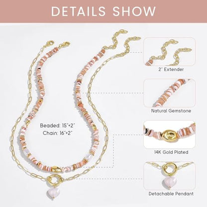 KissYan Beaded Necklaces for Women, Layered Pendant Choker for Summer | Stackable Colorful Natural Gemstone Handmade Beach Charm Chain Valentine's Jewelry Gifts For Girlfriend Wife Lover - style: Pink Heart