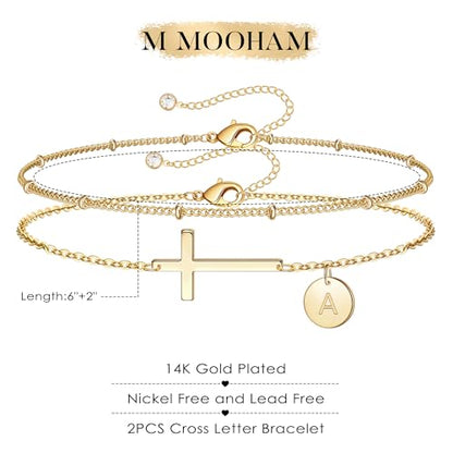M MOOHAM Initial Cross Bracelet for Women Teen Girl, Baptism Christian Gift | 14K-Gold-Plated Layered Disc Letter Cross Bracelet Jewelry, Baptism Christian Gifts for Women, Confirmation Gifts for Girls - color: S