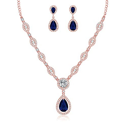 GULICX AAA Cubic Zirconia CZ Silver Plated Base Women's Party Jewelry Set Earrings Pendant Necklace - color: Blue CZ-Rose gold Plated