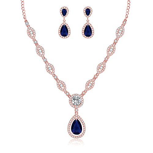 GULICX AAA Cubic Zirconia CZ Silver Plated Base Women's Party Jewelry Set Earrings Pendant Necklace - color: Blue CZ-Rose gold Plated