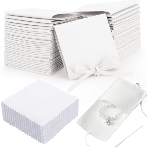 120 Pcs Microfiber Jewelry Pouch 8 x 8cm Jewelry Packaging Bag Gift Bow Tie Bracelet with Cleaning Cloth (White) - color: White
