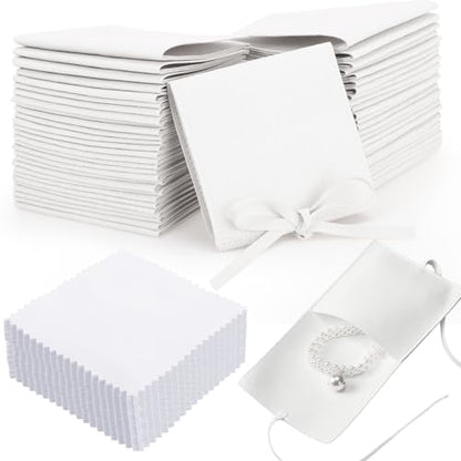 120 Pcs Microfiber Jewelry Pouch 8 x 8cm Jewelry Packaging Bag Gift Bow Tie Bracelet with Cleaning Cloth (White) - color: White