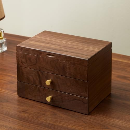 Black Walnut 3 Layer Wooden Jewelry Box Organizer | For Women & Men, Velvet Lining, Earring & Ring Organizer, Large Capacity Drawer Design, For Necklaces & Bracelets - style: 3 layers