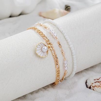 Qceasiy Starfish Ankle Bracelets for Women, Boho Beaded Beach Anklets Set | Gold-plated layered anklets in seashell, disc, and conch styles, with stretch or adjustable fits for summer beach outfits. - color: White 3