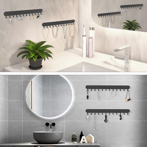 Necklace Holder - Wall Hanging Jewelry Organizer | Self-Adhesive Wall Mounted for Necklaces, Bracelets, 2 Pack, Black - color: Black-12 Hooks