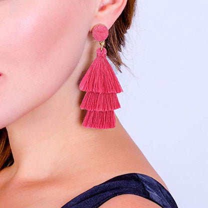 Bohemian Tiered Tassel Earrings with Druzy Stud for Women | Long Layered Fringe Drop Earrings, Statement Jewelry for Party Beach Festival - color: Hot Pink