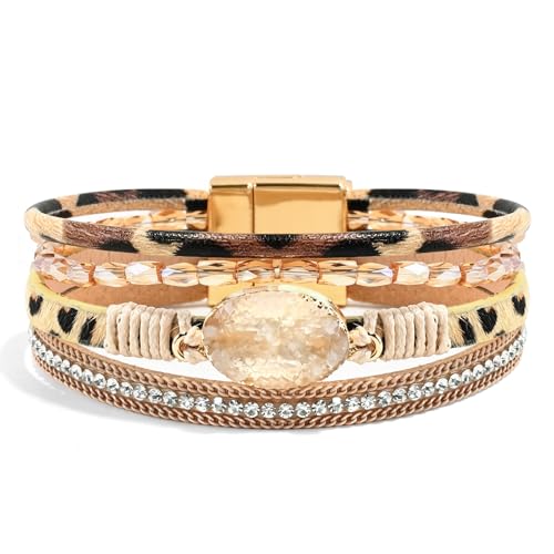 Wrapped Bracelets for Women,Leather Boho Bracelets for Women - color: Beads-Leopard