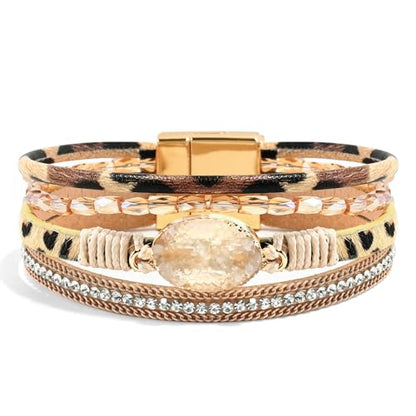 Wrapped Bracelets for Women,Leather Boho Bracelets for Women - color: Beads-Leopard