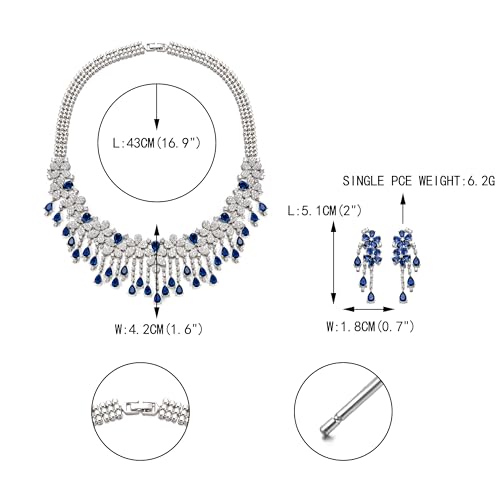 EVER FAITH Bridal Jewelry for Bride Bridesmaid, Elegant Cubic Zirconia Birthstone Cluster Flower Teardrop Wedding Party Necklace Dangle Earrings Sets for Women - color: Blue