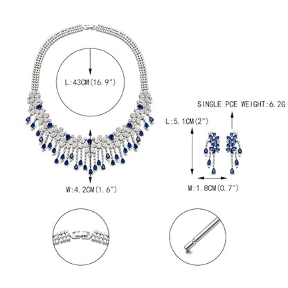 EVER FAITH Bridal Jewelry for Bride Bridesmaid, Elegant Cubic Zirconia Birthstone Cluster Flower Teardrop Wedding Party Necklace Dangle Earrings Sets for Women - color: Blue