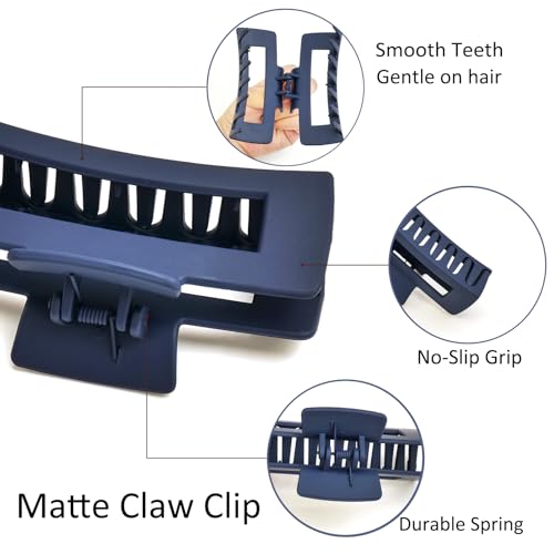 Hair Accessories Set Pack of 6 – 3 Medium Hair Clips for Women, 3 Big Satin Scrunchies for Hair, Non-Slip Matte Square Hair Claw Clips, Back to School, Birthday Gift, Daily Use (Navy Blue) - color: Navy Blue