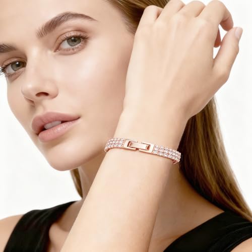 Gold Tennis Bracelets for Women 3-Row Rhinestone Stackable Bangle Bling Zirconia Crystal Silver Chain Dainty Cuff Flexible Fashion Jewelry for Wife Anniversary Mom Her Birthday Gifts - color: Rose gold