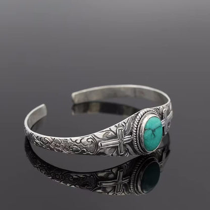 Bohemian Natural Stone Turquoise Engraved Cuff Bracelet Adjustable Wrap Bangle Western National Style for Women Gemstone Boho Jewelry - color: A