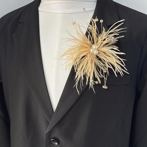 Elegant Feather Flower Pearl Cz Large Brooch Pin for Women Men Rhinestone Crystal Floral Lapel Pins Wedding Party Banquet Dress Suit Clothes Accessories Fashion Jewelry 180mm - color: Khaki
