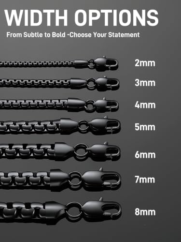 ChainsPro Stainless Steel Chains for Pendants, Flat Box Chain for Mens | Hypoallergenic Unisex Box Chain, Daily Wear Essential Necklaces for Pendant, Black/Silver/Gold Plated, Waterproof, No Tarnish - color: Black Plated