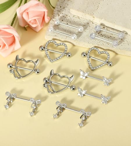 TIANCI FBYJS 6 Pairs 14G Nipple Rings for Women 316L Stainless Steel Heart Bow CZ Flower Barbell Nipple Rings Set Cute Nipplerings Piercing Jewelry - color: silver