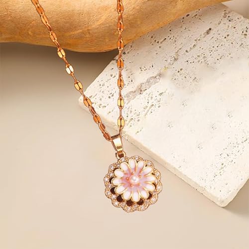 Sunflower Fidget Necklace for Women Gold Moon Necklace Rotating Heart Necklaces Spinning Crystal Flower Anxiety Necklaces Crescent Moons Jewelry Accessories - color: Pink and White