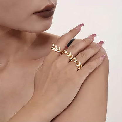 Mettclasi Women's 14K Gold Plated Stackable Ring Crystal Inlaid Dainty Trendy Cute Adjustable Open Twist Rings Jewelry Gifts - style: Leaf