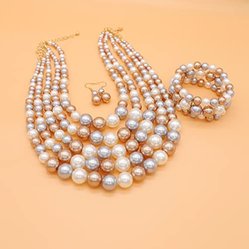 JNF Large Faux Pearl Necklaces for Women Multi strand Pearl Necklace Bracelet and Earrings Set 1920s Costume Pearls Necklace Jewelry Accessories - color: pearl necklace set champagne