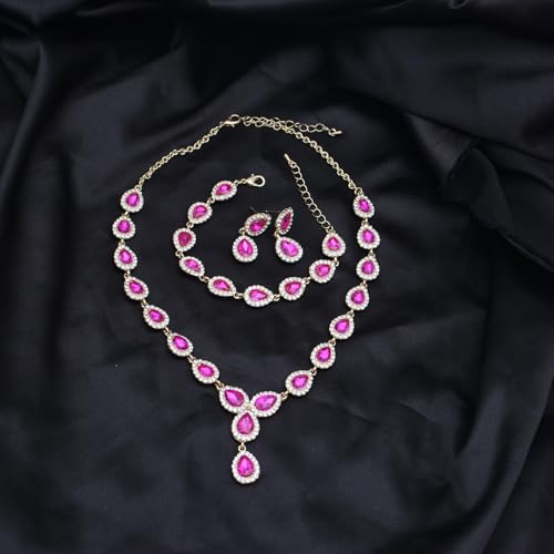 Austrian Crystal Rhinestone Necklace Dangle Earrings Link Bracelet Jewelry Set for Brides Bridesmaid Prom Costume Accessories for Women - color: Rose Red-Gold Plated