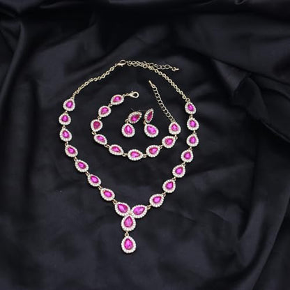 Austrian Crystal Rhinestone Necklace Dangle Earrings Link Bracelet Jewelry Set for Brides Bridesmaid Prom Costume Accessories for Women - color: Rose Red-Gold Plated