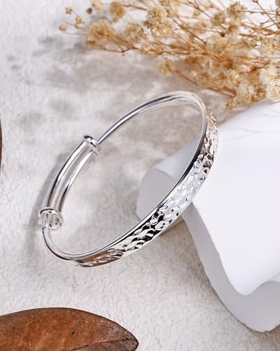 Hammered Texture Bracelet for Women - Maximum 8 inches Adjustable Cuff Bangle, Elegant Boho Chic Jewelry Silver & Gold - color: Silver-A