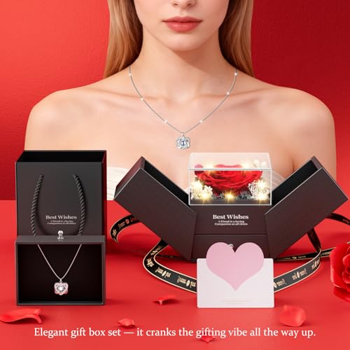 Preserved Red Rose Necklace, I Love You Heart Pendant, Gifts for Women | Valentine's Day Birthday Mother's Day Anniversary Christmas, Wife Girlfriend Mom Grandma, Forever Bloom, Gift Box Included