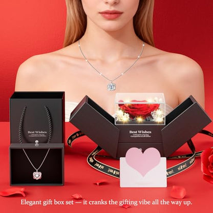 Preserved Red Rose Necklace, I Love You Heart Pendant, Gifts for Women | Valentine's Day Birthday Mother's Day Anniversary Christmas, Wife Girlfriend Mom Grandma, Forever Bloom, Gift Box Included