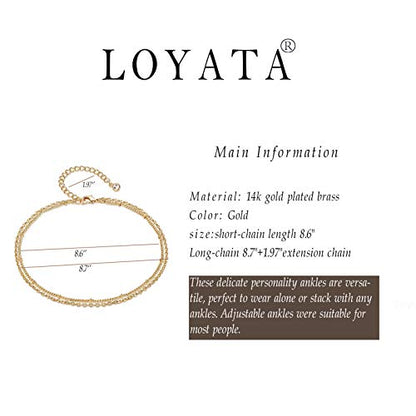 LOYATA Dainty Ankle Bracelet,14K Gold Plated Tiny Bead Anklet Dainty White Cubic Zirconia Cross Tassel Foot Chain Cute Lucky Moon Evil Eye Foot Jewelry Boho Anklets for Women - color: A double chain