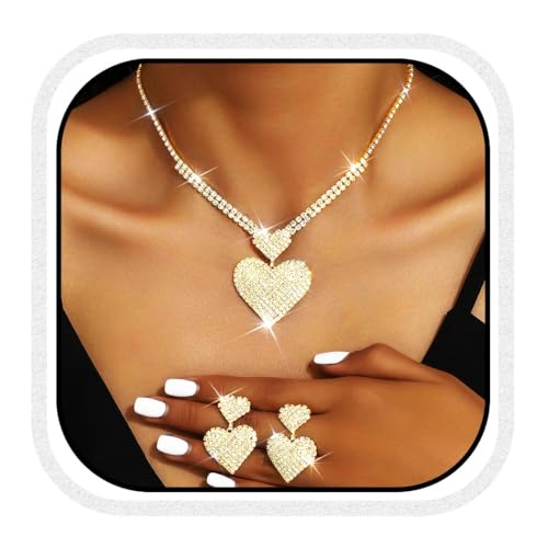 Crystal Heart Bridal Wedding Jewelry Set Silver Rhinestone Necklace Earrings Bracelet Sets Formal Costume Jewelry for Women and Brides - color: Gold Necklace Earrings
