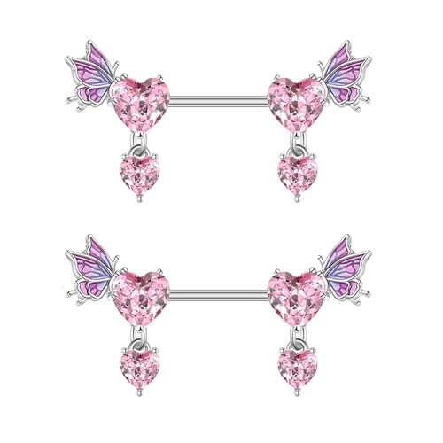 Pink Heart Nipple Rings for Women 14G 16mm Surgical Steel CZ Rhinestone Butterfly Dangling Nipple Shield Studs Body Piercing Jewelry Gifts - color: Pink