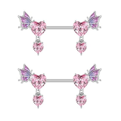 Pink Heart Nipple Rings for Women 14G 16mm Surgical Steel CZ Rhinestone Butterfly Dangling Nipple Shield Studs Body Piercing Jewelry Gifts - color: Pink