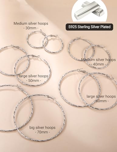 2.5MM Thin Gold Hoop Earrings for Women Hypoallergenic Sterling Silver Post Hoop Earrings Lightweight Large Big Twisted Gold Hoops Earrings 30MM/40MM/50MM/60MM - color: 40MM Sillver