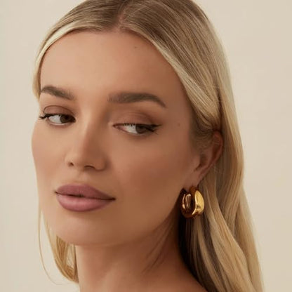 Waterproof Thick Gold Chunky Hoops Earrings for Women Non Tarnish,Gold Plated Hypoallergenic Open Hoop Earrings,Lightweight Hollow Earrings - color: Gold