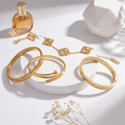 Stackable Gold Bracelets for Women - 4 Sets, 18K Gold Plated Bracelets, Stainless Steel Bangle Bracelets Non-Tarnish, Stylish Gold Jewelry Ensemble, Valentine's Day, Birthday and Christmas Jewelry Gifts - color: A2-(Gold 4Sets)