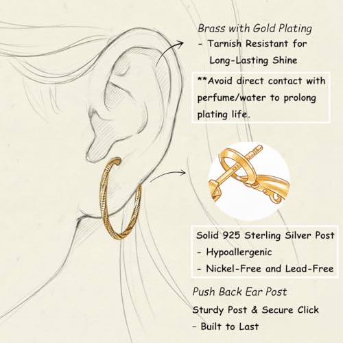14K Gold/Silver Plated Twisted Hoop Earrings for Women - Sparkly Diamond-Cut Large Hoops with 925 Sterling Silver Post, Lightweight Hypoallergenic Trendy Jewelry Gifts (30mm / 40mm) - size: Gold 50mm