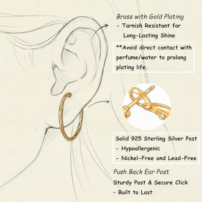 14K Gold/Silver Plated Twisted Hoop Earrings for Women - Sparkly Diamond-Cut Large Hoops with 925 Sterling Silver Post, Lightweight Hypoallergenic Trendy Jewelry Gifts (30mm / 40mm) - size: Gold 30mm