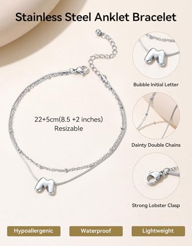 ChainsHouse Initial Ankle Bracelets for Women Waterproof, 14K Gold Plated Layered Initial Anklets Non Tarnish, Adjustable Stainless Steel Women's Ankle Summer Beach Foot Jewelry - color: Stainless Steel, size: Initial M
