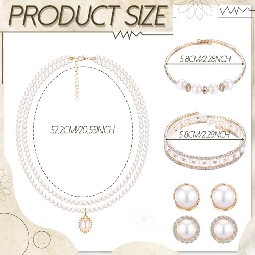 Glenmal Pearl Rhinestone Jewelry Set for Women Pearl Necklace Bracelet Earrings for Wedding Halloween Bridal Shower Tea Party - style: Delicate Style