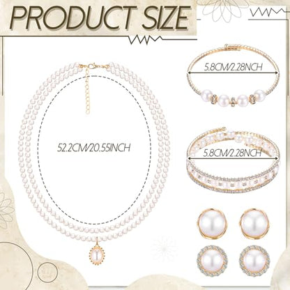 Glenmal Pearl Rhinestone Jewelry Set for Women Pearl Necklace Bracelet Earrings for Wedding Halloween Bridal Shower Tea Party - style: Delicate Style