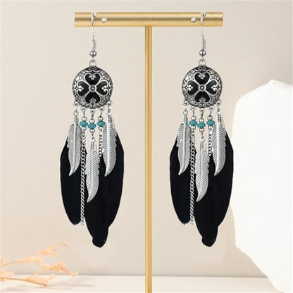 Dreuyet Boho Long Feather Drop Dangle Earrings for Women Retro Bohemian Ethnic Fringe Multicolor Tassel Feather Earring Handmade Statement Dream Catcher Earrings Jewelry - color: Black Round Heart