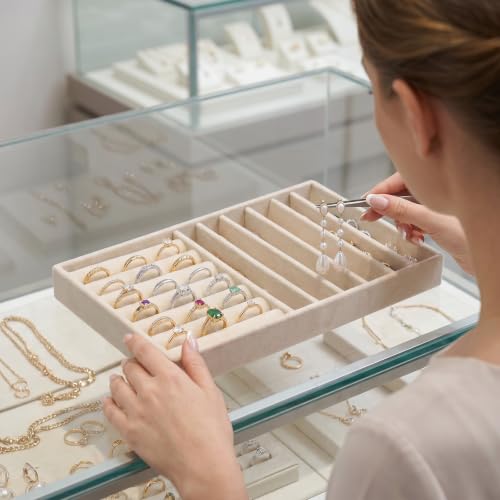 Stackable Velvet Tray Jewelrys Storage Organizers Jewelry Box Insert Organizer for Drawer Jewelry Drawer Organizer Inserts Ring Earring Stud Necklace Holder Display Storage Case (Beige, 8.3 x 4.9in)