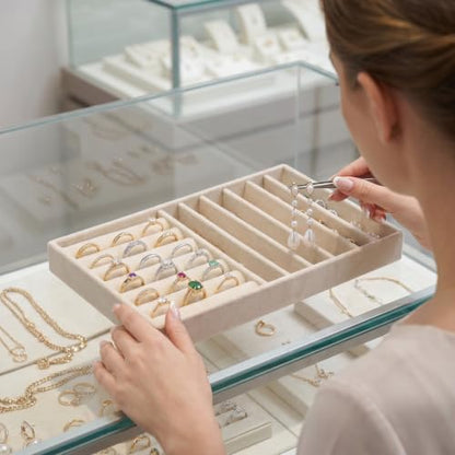 Stackable Velvet Tray Jewelrys Storage Organizers Jewelry Box Insert Organizer for Drawer Jewelry Drawer Organizer Inserts Ring Earring Stud Necklace Holder Display Storage Case (Beige, 8.3 x 4.9in)