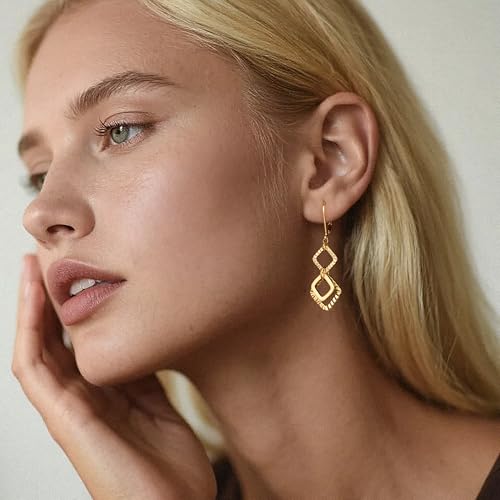 ALEXCRAFT Gold Hammered Double Circle Leverback Dangle Earrings | Hypoallergenic, Drop Handmade, Hammered Round, Minimalist Boho - color: B-14k Gold