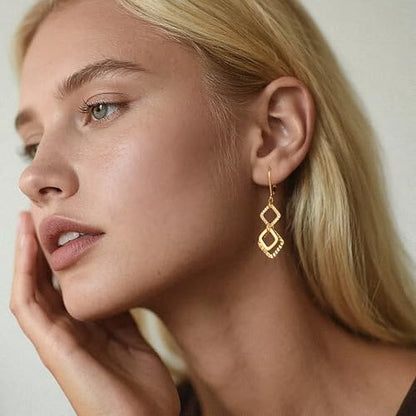ALEXCRAFT Gold Hammered Double Circle Leverback Dangle Earrings | Hypoallergenic, Drop Handmade, Hammered Round, Minimalist Boho - color: B-14k Gold