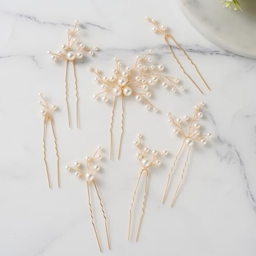 SWEETV 7Pcs Bride Hair Accessories Pearl Wedding Hair Pin Bridal Piece Clip | Leaf Bridal Hair Piece Vintage Hair Headpiece Leaf Hair Clips Jewelry for Women Bridesmaids Brides Flower Girls Hair Pieces - color: Set-B-Gold